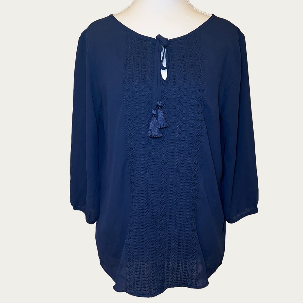 Banana Republic Women’s Navy Blue Blouse With Tassel Accent Puff Sleeve‎ Size XS